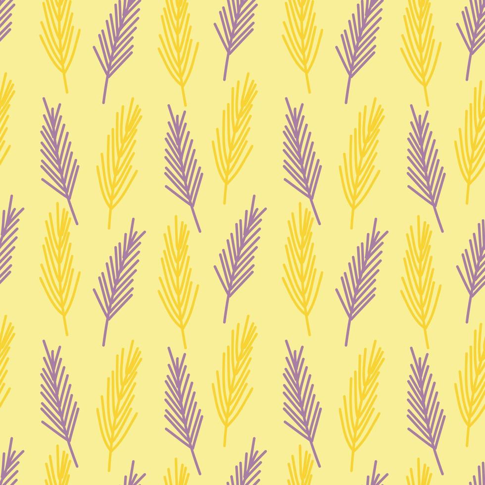 Vector pattern with purple and yellow abstract twigs on a soft yellow background. Botanical pattern for postcards, gifts, holidays, fabrics, packaging