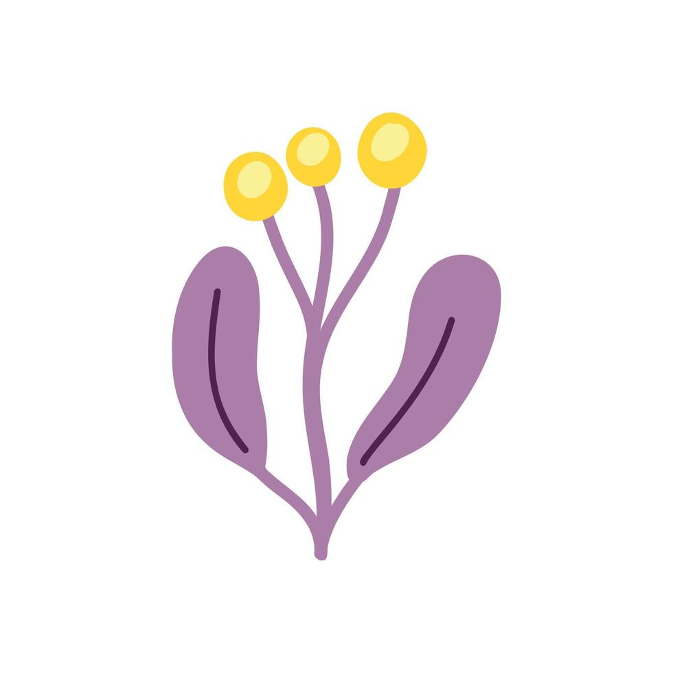 ilustración vectorial con ramitas moradas de hojas y bayas y flores de color amarillo pálido en un estilo plano hecho a mano sobre un fondo blanco. ilustración botánica para postales, regalos, vacaciones, telas vector