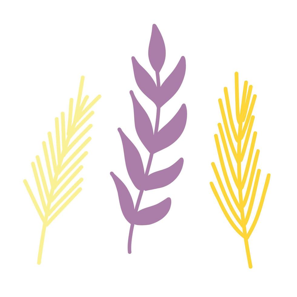 Vector illustration with purple twigs of leaves and pale yellow berries and flowers in a flat handmade style on a white background. Botanical illustration for postcards, gifts, holidays, fabrics