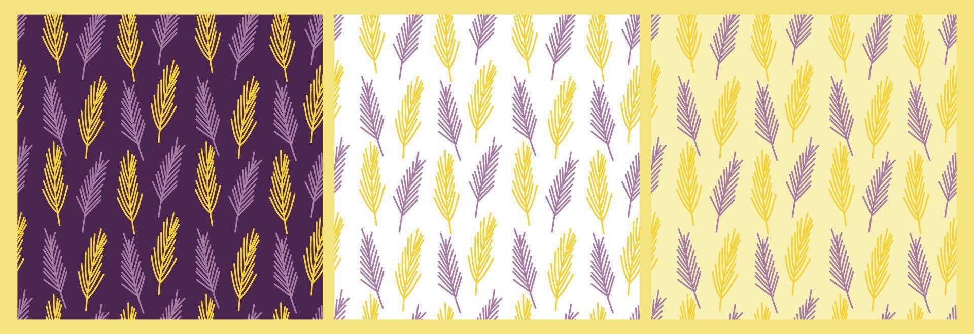 Vector set of patterns with purple and yellow abstract twist on a colored background. Botanical pattern for postcards, gifts, holidays, fabrics, packaging