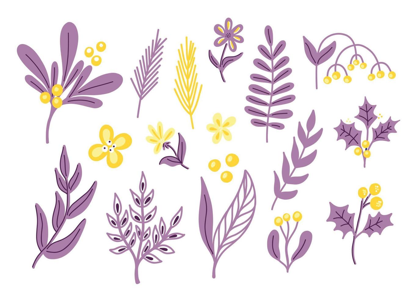 A set of vector elements with purple and yellow leaves, abstract flowers, twigs in a flat handmade style. Christmas, holiday design for postcards, decor, gifts, fabrics.