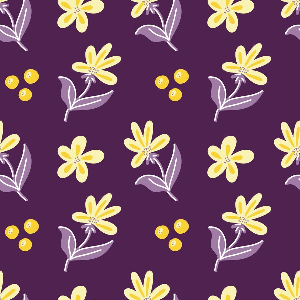 Vector pattern with purple and yellow abstract twigs of leaves and flowers on a purple background. Botanical pattern for postcards, gifts, holidays, fabrics, packaging