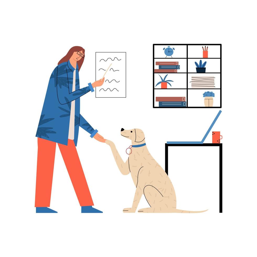 Woman doctor holding the paw of a labrador. Psychological and therapeutic help to the dog. Vet clinic for animals. Vector illustration in flat style