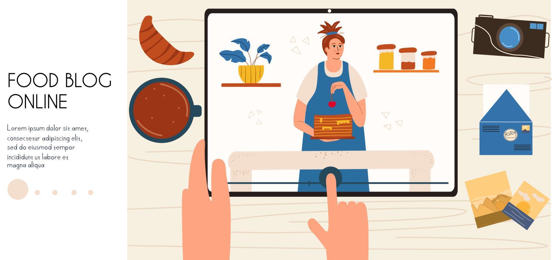 Landing page for online food blogger. Stream recording as a girl is cooking cherry cake in the kitchen. Vector illustration in flat style