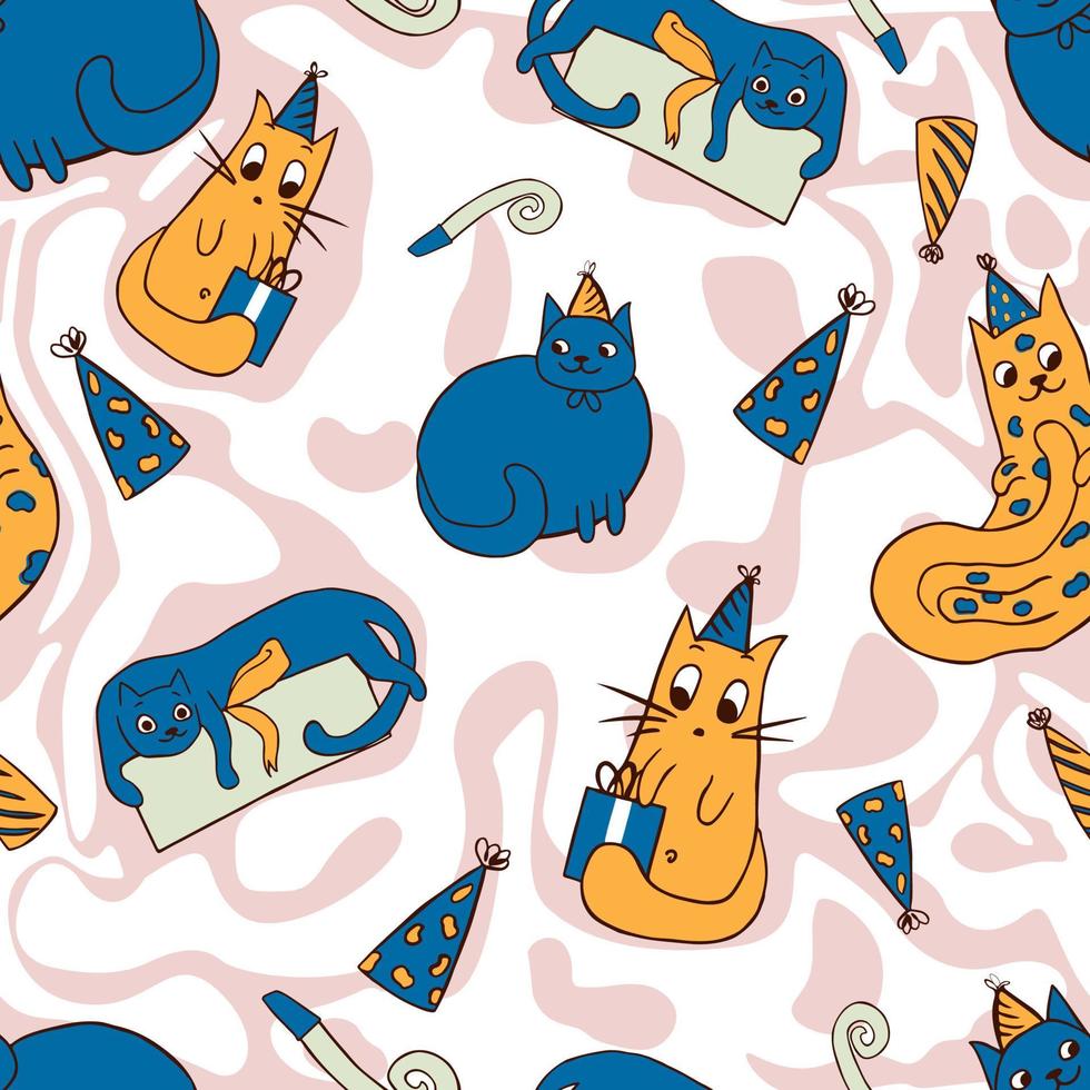 Cat pattern. Seamless vector pattern  with cute colorful birthday cats and present boxes.Hand drawn festive background. Doodle Big fat cartoon cats