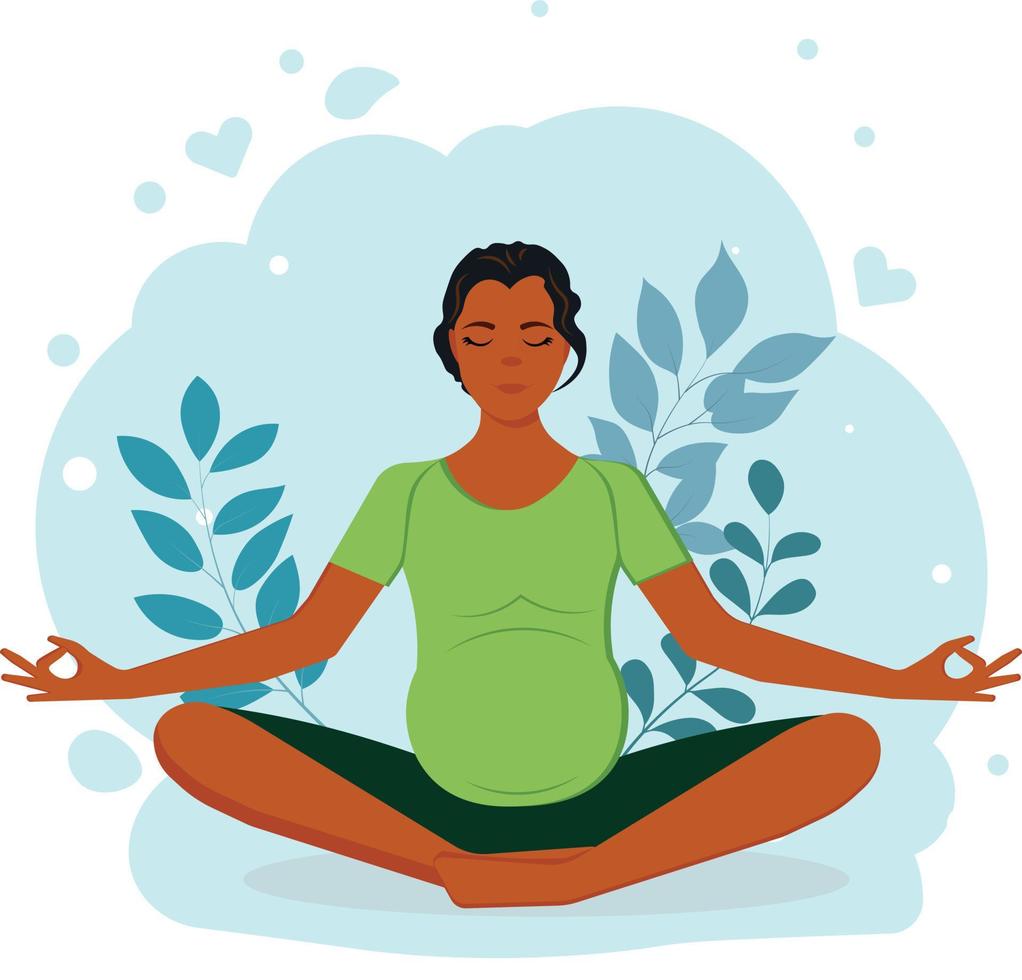 mujer embarazada negra sentada en pose de yoga con naturaleza y fondo de hojas. Ilustración de vector de concepto de estilo plano.