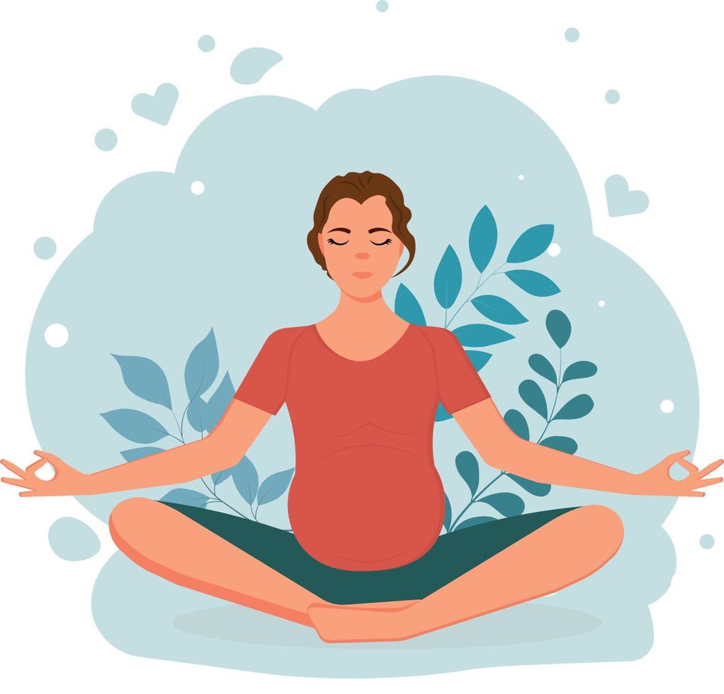 Pregnant woman sitting in yoga pose with nature and leaves background. Concept vector illustration in flat style.
