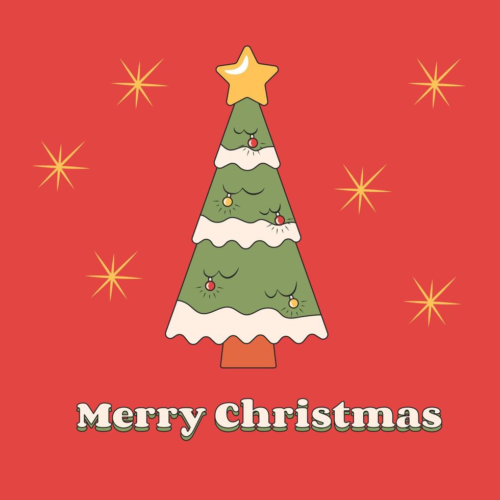 Merry Christmas Retro Groovy Card with Christmas Tree vector