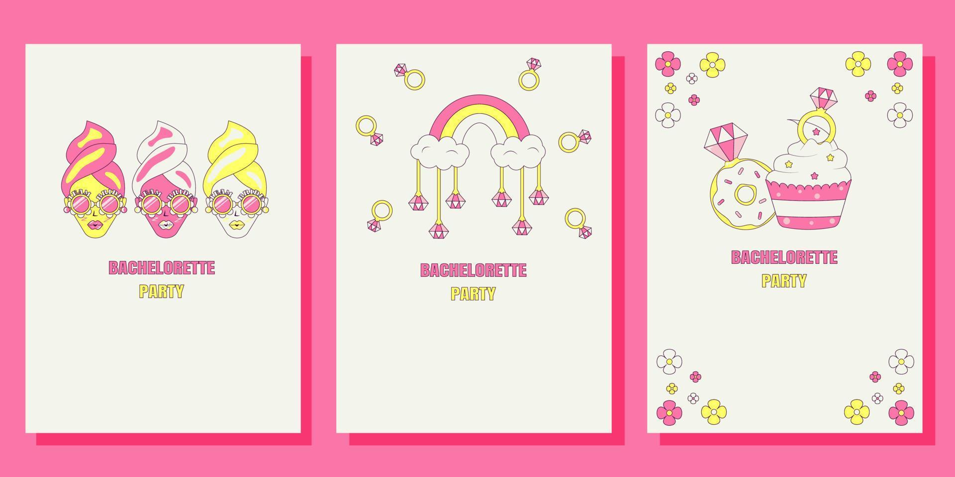 Set of Bridal shower invitation cards in retro groovy style Vintage bachelorette party invite Templates for your design vector
