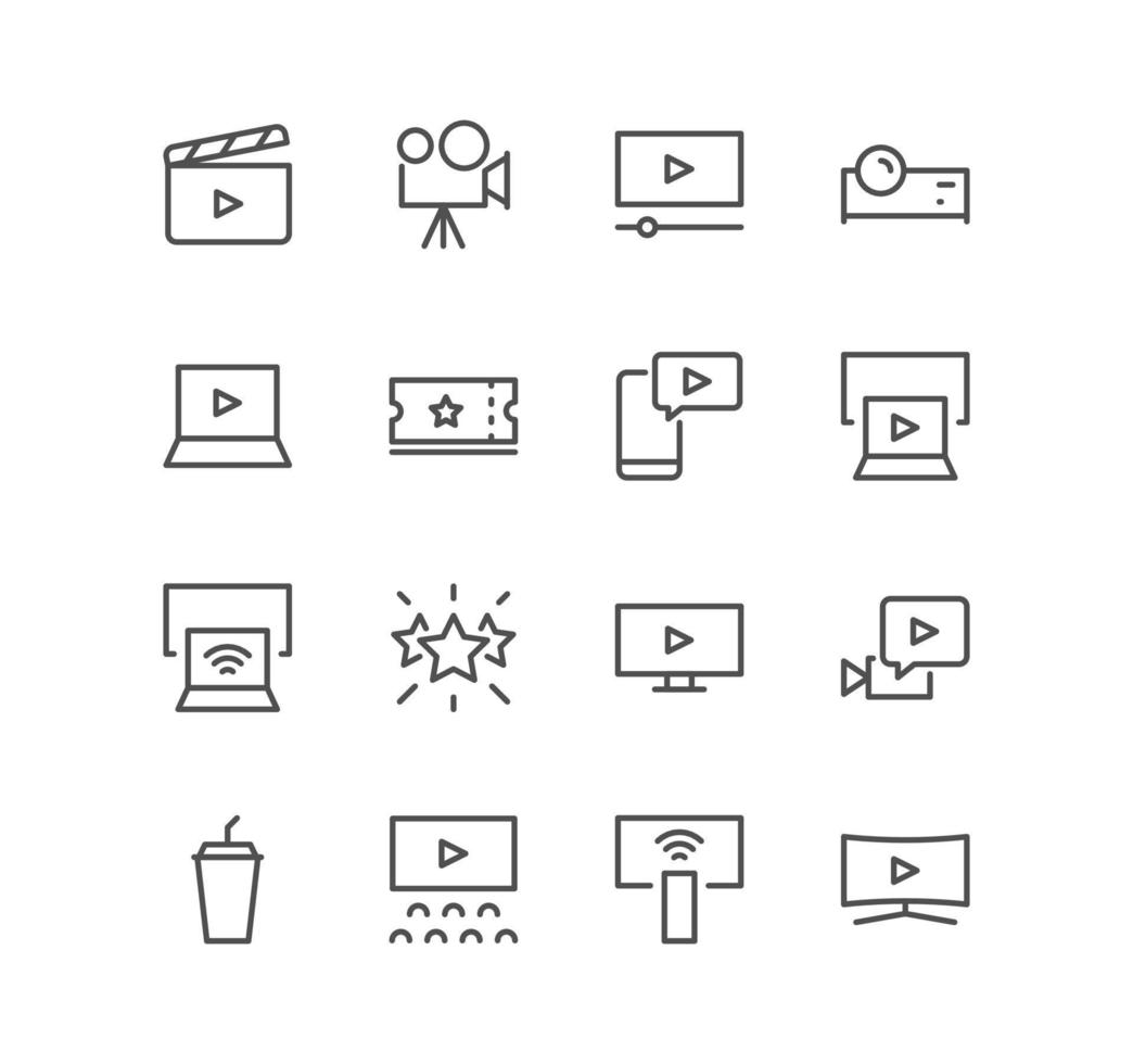 Set of cinema and video icons, movie, video clip, tv and linear variety vectors. vector