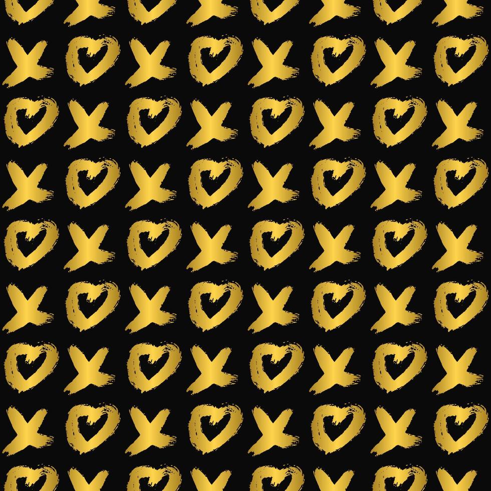 Seamless pattern gold XOXO with hearts on black background. Hugs and kisses abbreviation symbol. Grunge hand written brush lettering XO. Easy to edit vector template for Valentines day.