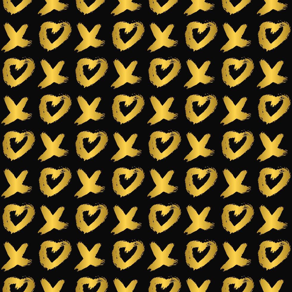 Seamless pattern gold XOXO with hearts on black background. Hugs and kisses abbreviation symbol. Grunge hand written brush lettering XO. Easy to edit vector template for Valentines day.