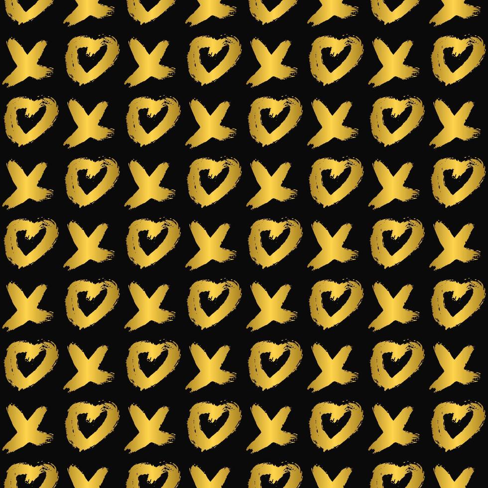 xoxo de oro de patrones sin fisuras con corazones sobre fondo negro. símbolo de abreviatura de abrazos y besos. letras de pincel escritas a mano grunge xo. plantilla vectorial fácil de editar para el día de san valentín. vector