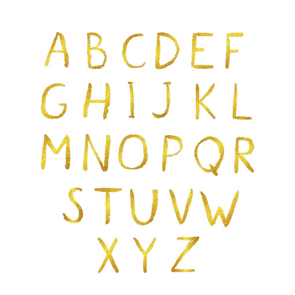 Gold glitter shiny vector alphabet. Hand drawn golden letters A-Z isolated on white. Sans serif modern font. Latin uppercase handwriting symbols. Easy to edit template for your designs.