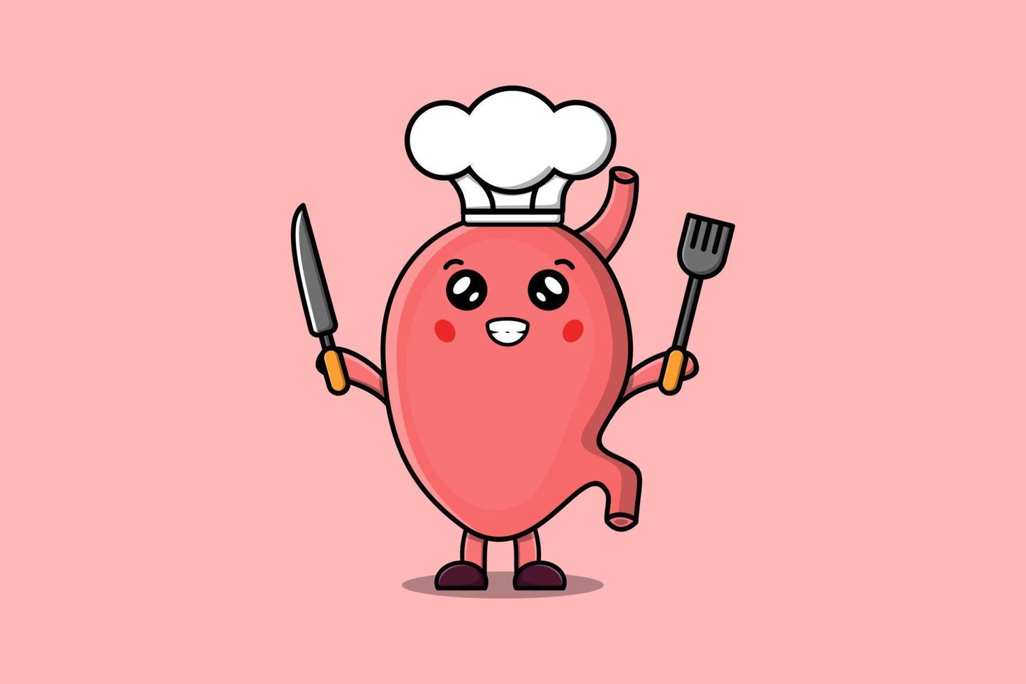 Cute cartoon Stomach chef holding knife and fork vector