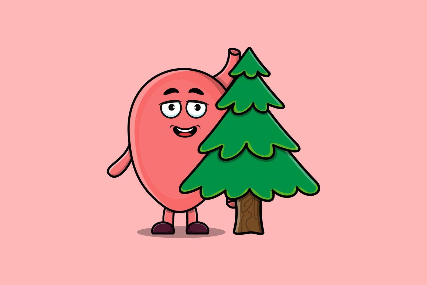 Cute dibujos animados estómago personaje escondido árbol vector