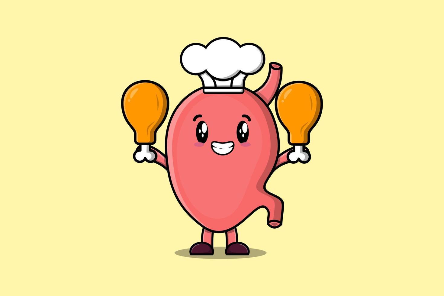 Cute cartoon Stomach chef hold two chicken thighs vector