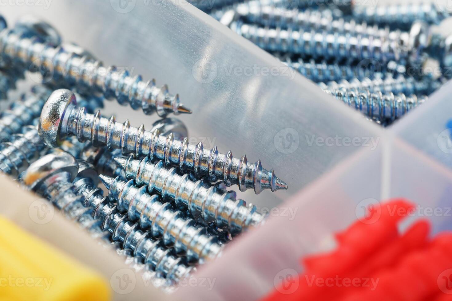 Screws and plastic dowels of various sizes, for repair, construction