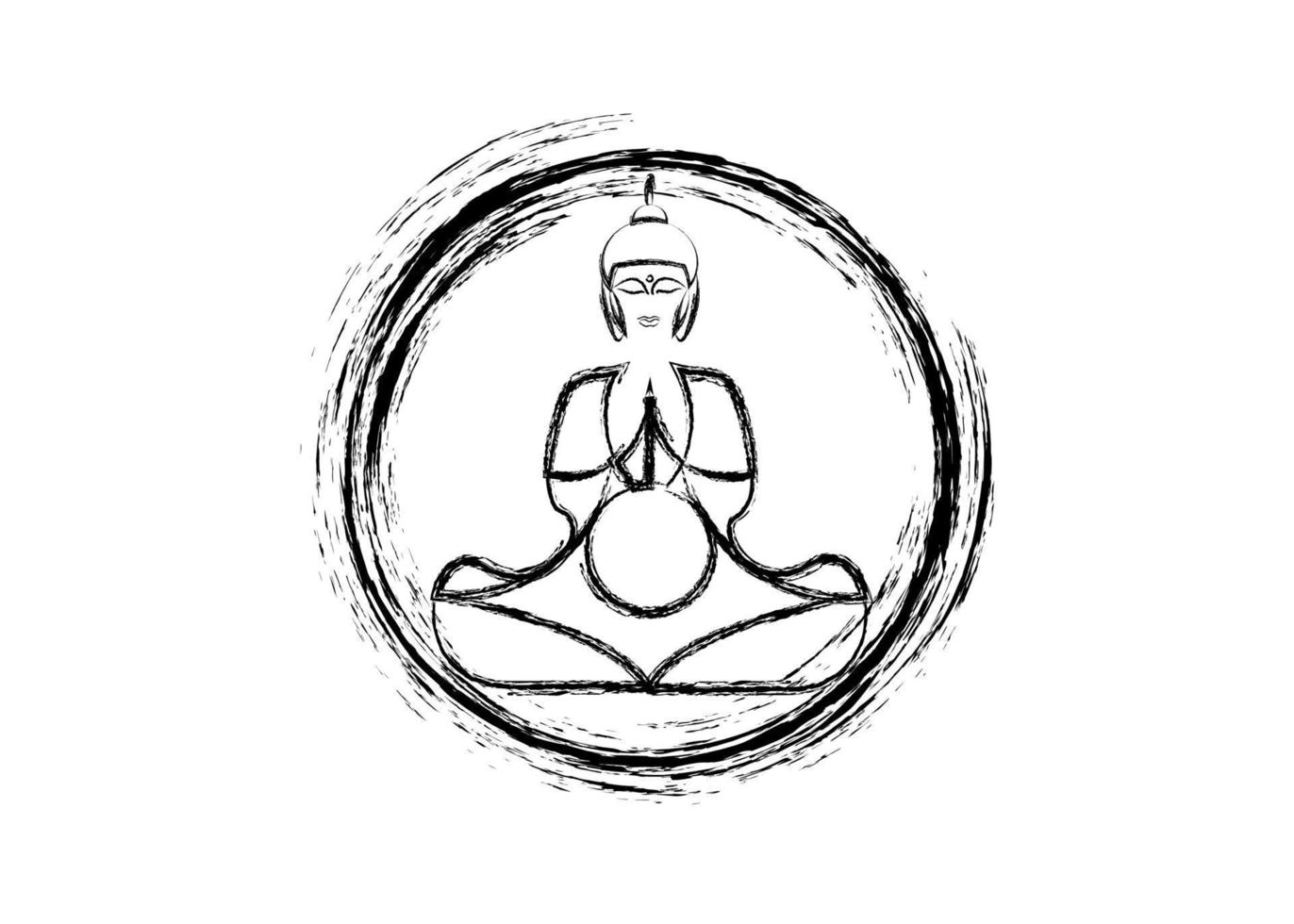 buda en meditación, círculo enso zen de iluminación, símbolo y concepto de silueta de buda meditando, budismo, japón, vector aislado en fondo blanco en estilo pincel