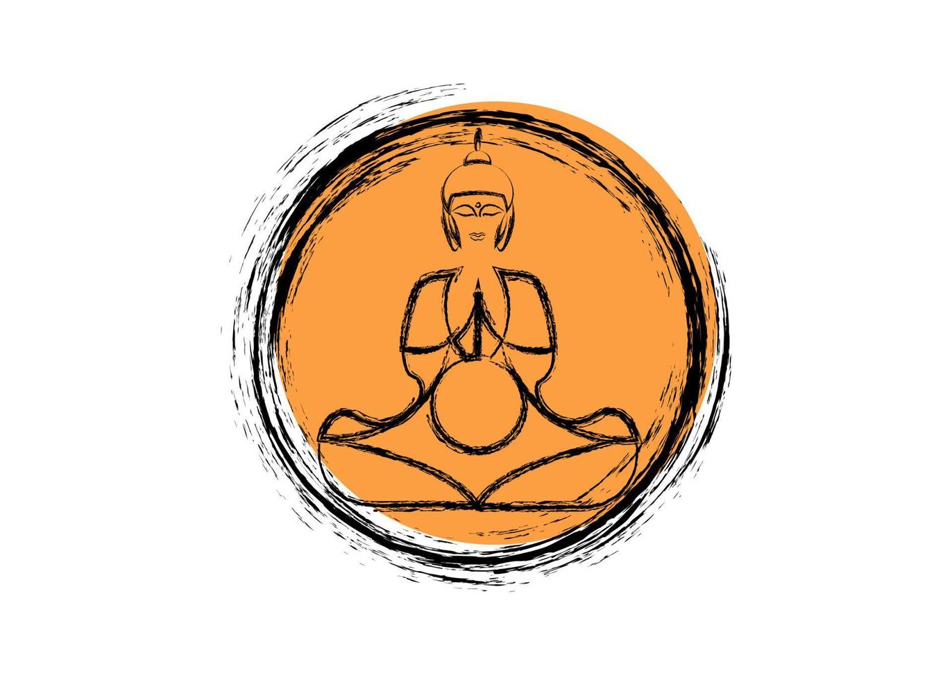 Buddha in meditation, Orange Enso Zen Circle of Enlightenment, symbol and meditating Buddha silhouette concept, Buddhism, Japan, vector isolated on white background in paint brush style