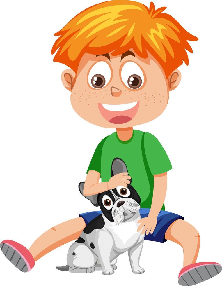 A ginger hair boy playing with his dog vector
