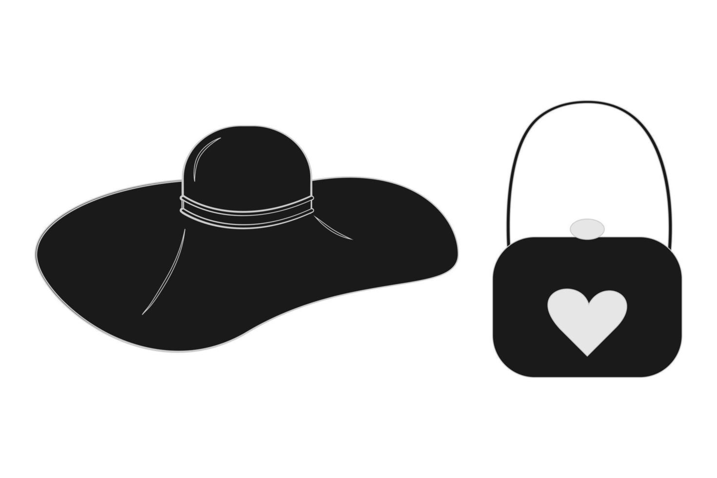 sombrero de ala ancha de mujer estilizada y bolso de mano con corazón en tonos negros y grises de moda. aislar. eps vector