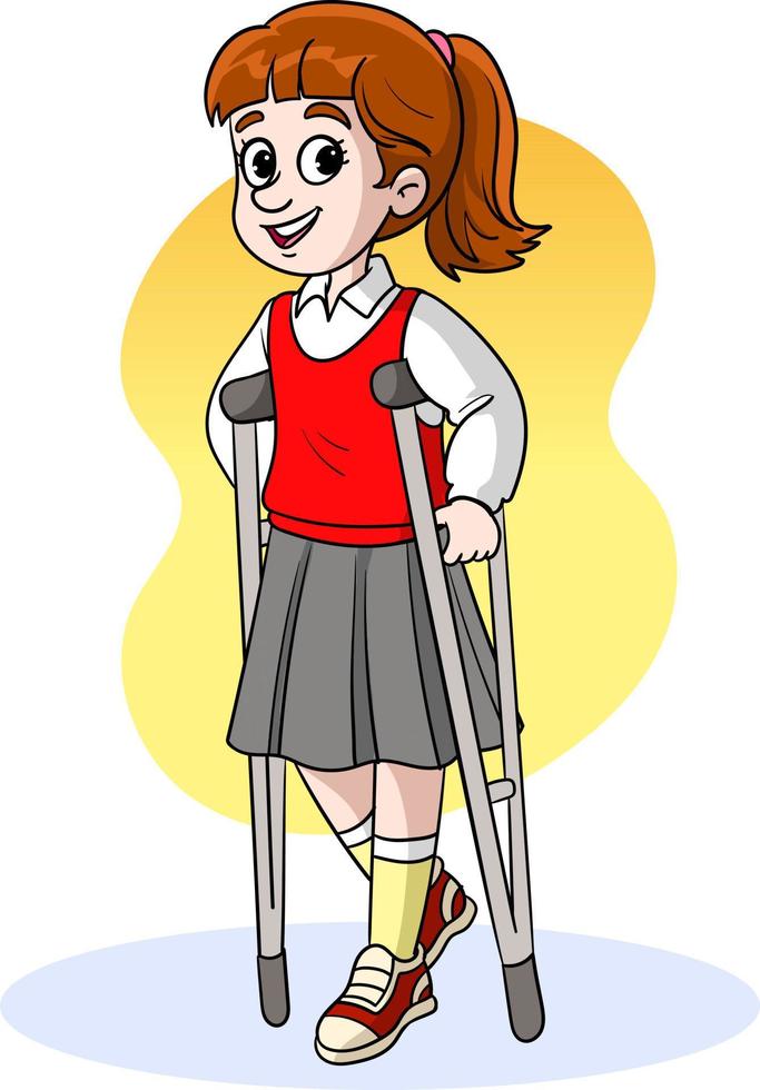 girl student walking on crutch with injured leg vector illustration