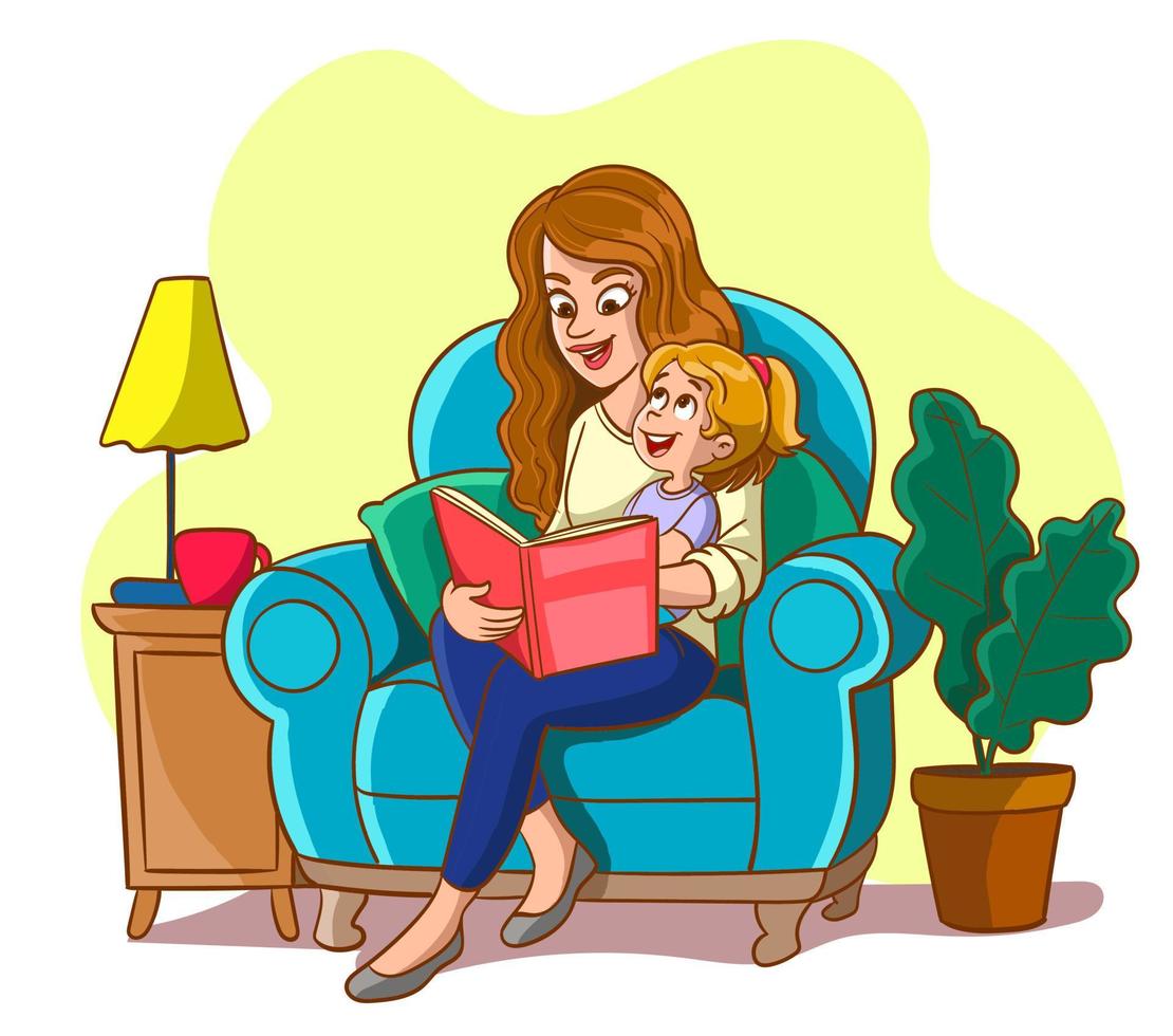 niña leyendo un libro con su madre en el sofá. linda ilustración vectorial en estilo plano vector