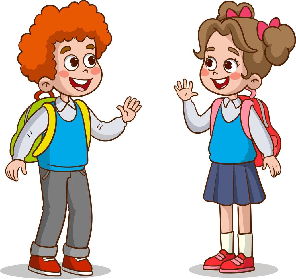 little kid say hello to friend and go to school together vector
