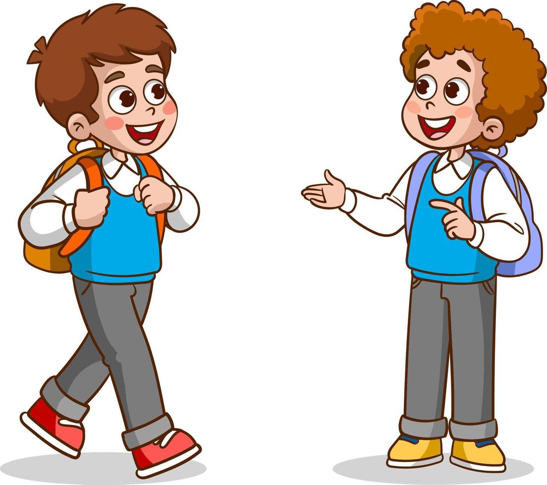 little kid say hello to friend and go to school together vector