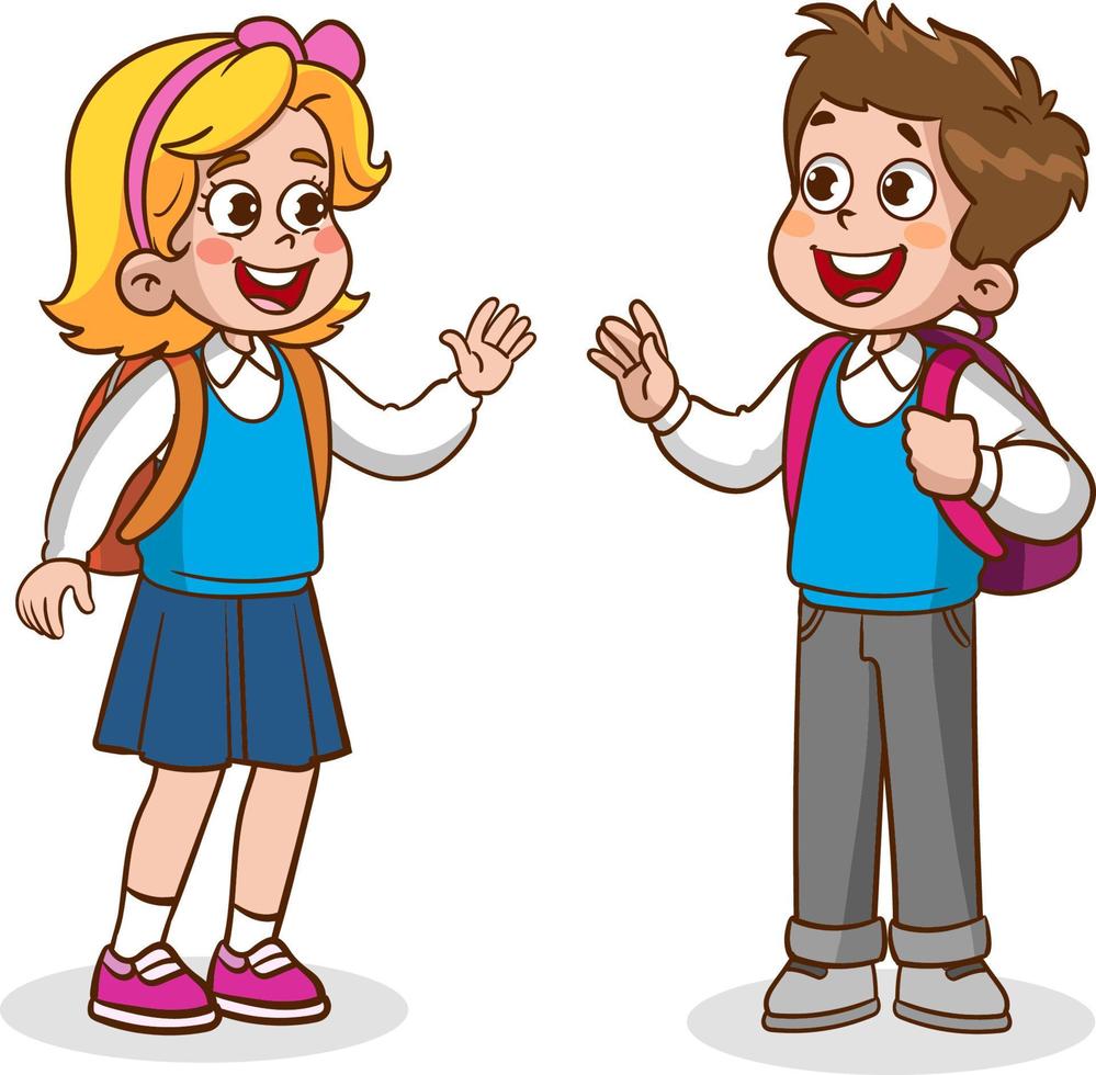 little kid say hello to friend and go to school together vector