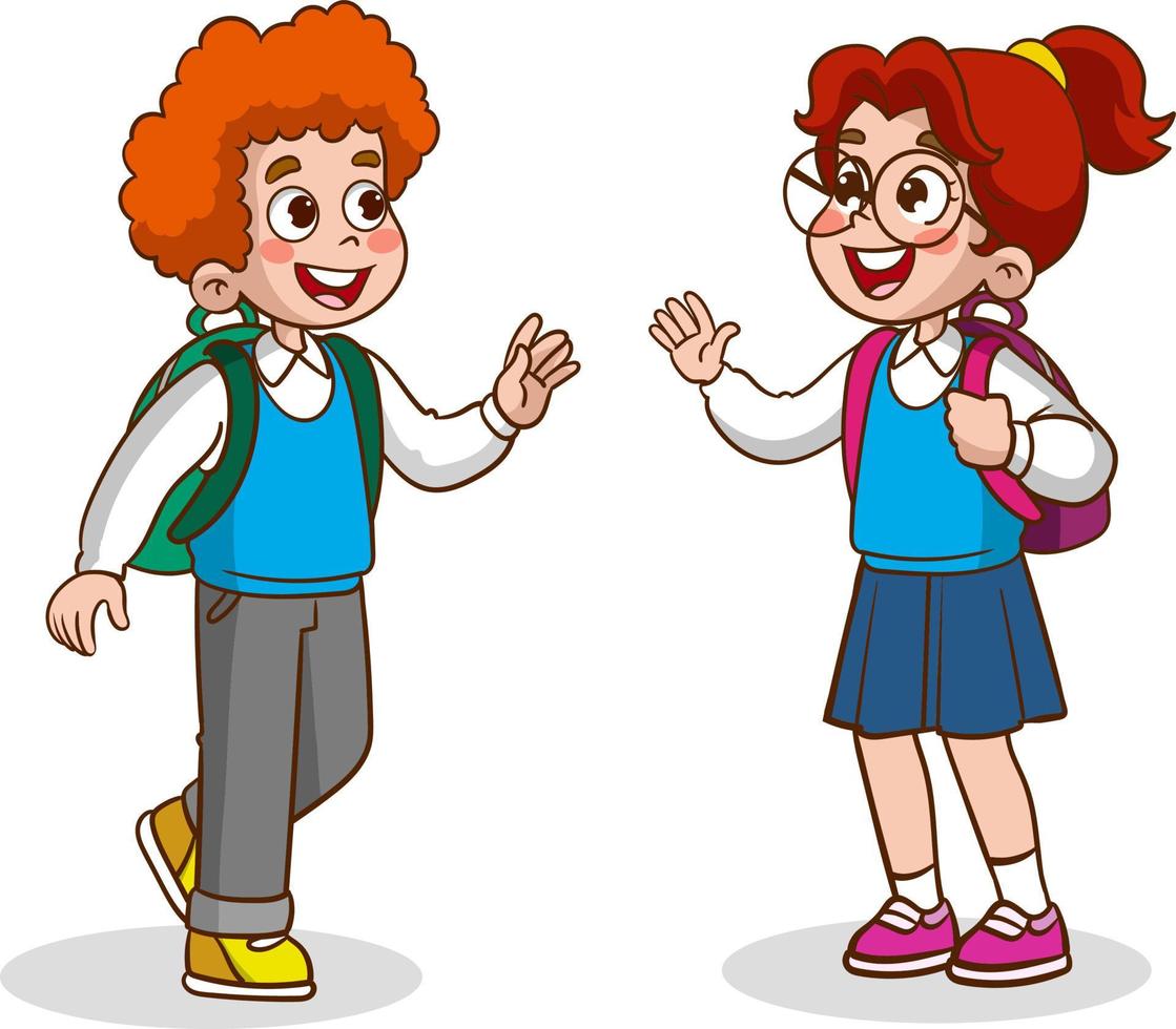little kid say hello to friend and go to school together vector