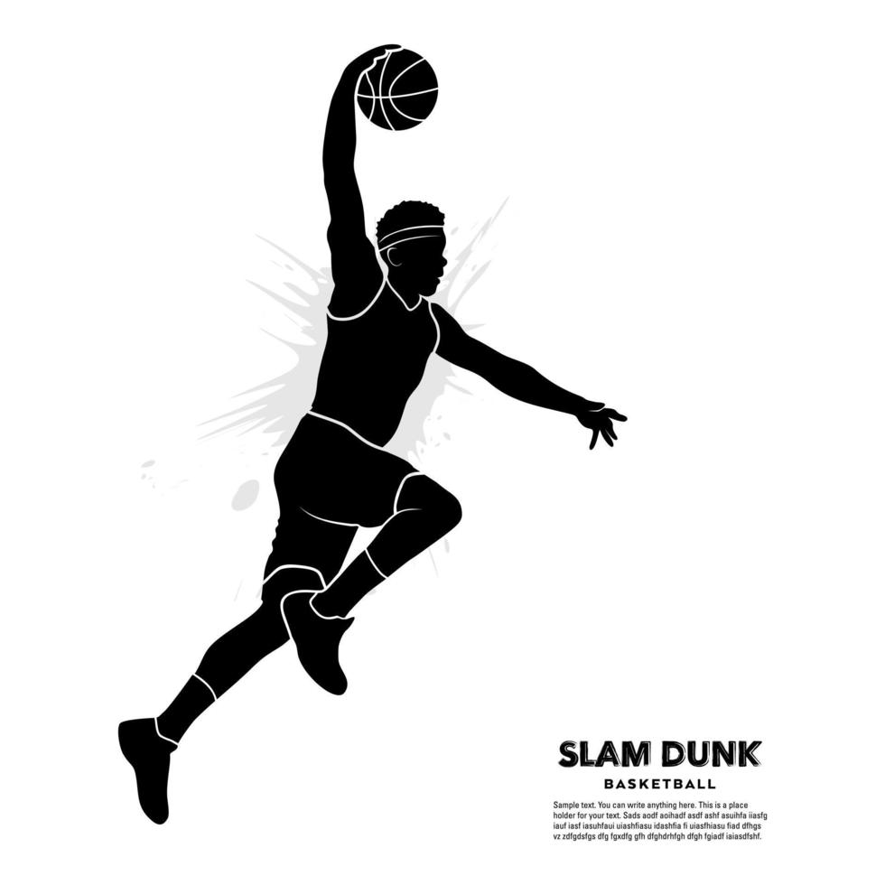 Silhouette of a professional basketball player jumping for a slam dunk. Vector illustration