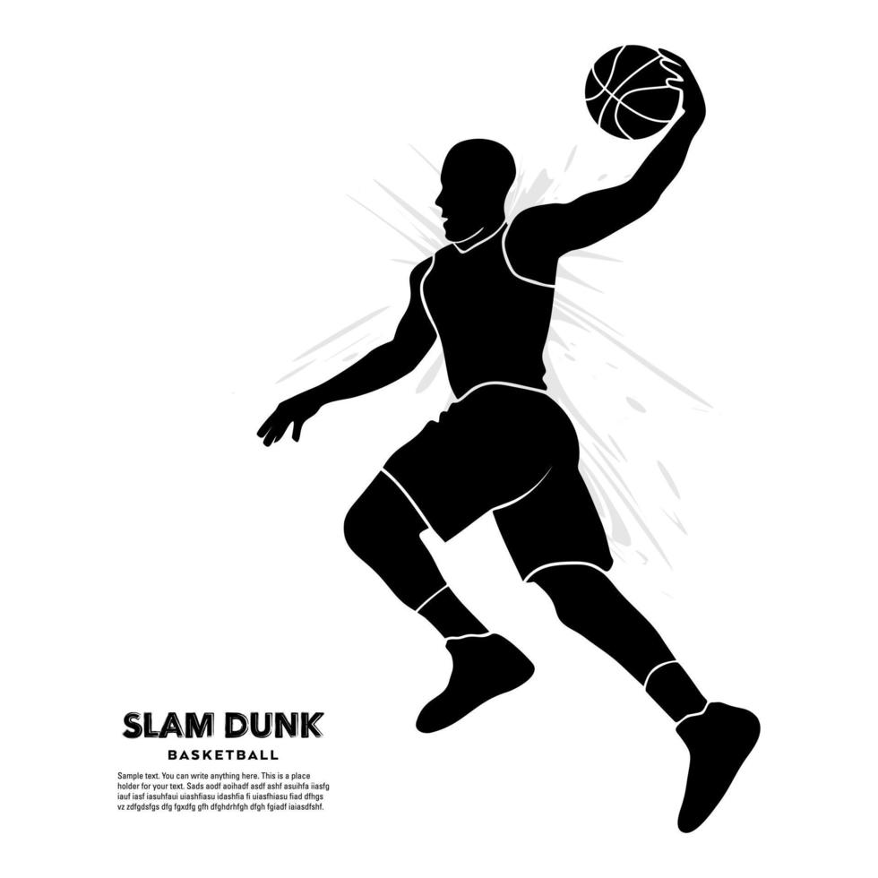 Professional male basketball player jumps for a slam dunk. Vector silhouette illustration