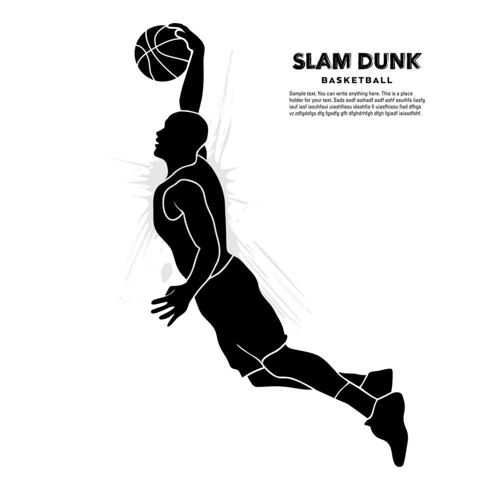 silueta de jugador de baloncesto masculino haciendo slam dunk aislado sobre fondo blanco. ilustración vectorial vector