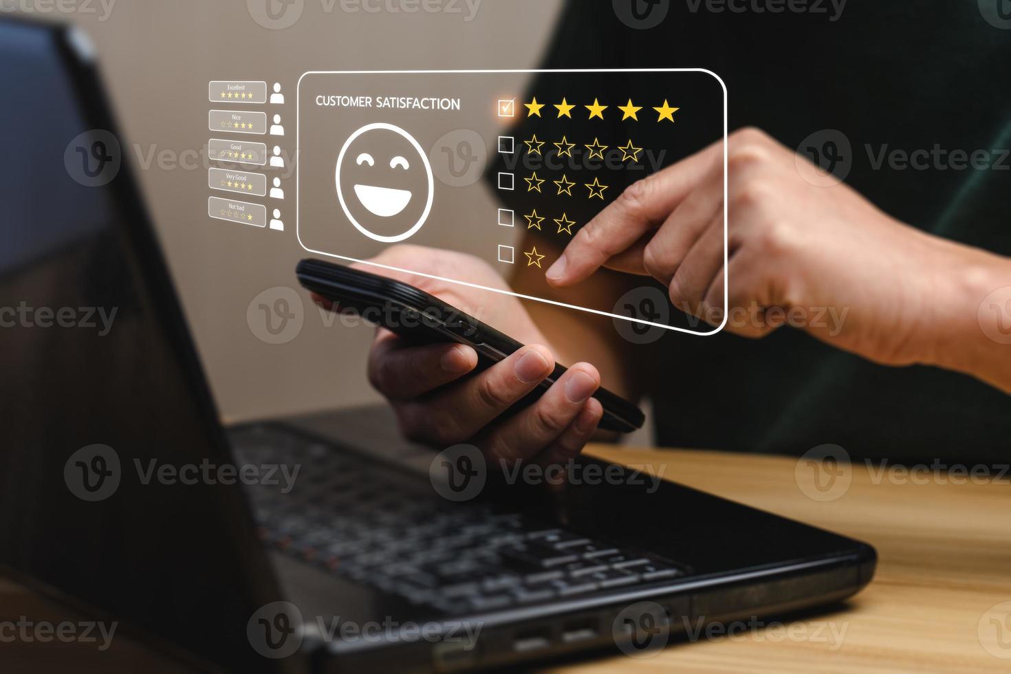 Satisfaction Concept and customer service. User give rating to service experience. Customer Opinion Survey. good and impressive, after sales service. Excellent business rating, reputation photo