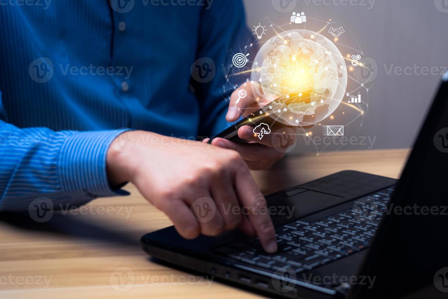 Businessman using smart phone. Global business internet connection application technology and digital marketing. Digital Link Technology Big Data. IoT Internet of Things photo
