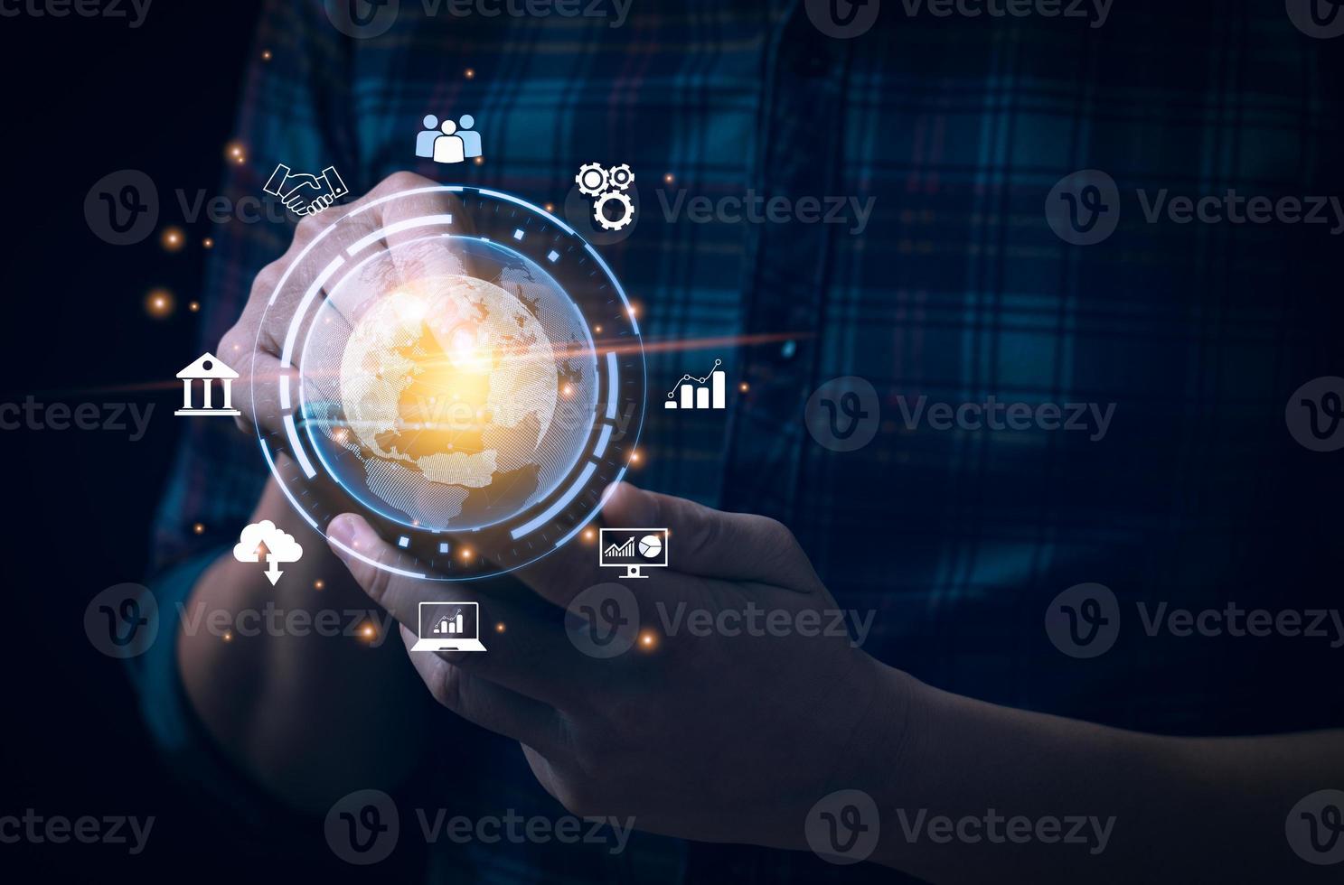 Businessmen using mobile on global networks with investors and digital marketing.big data, finance and banking, digital link technology. global economic network, connection technology. photo
