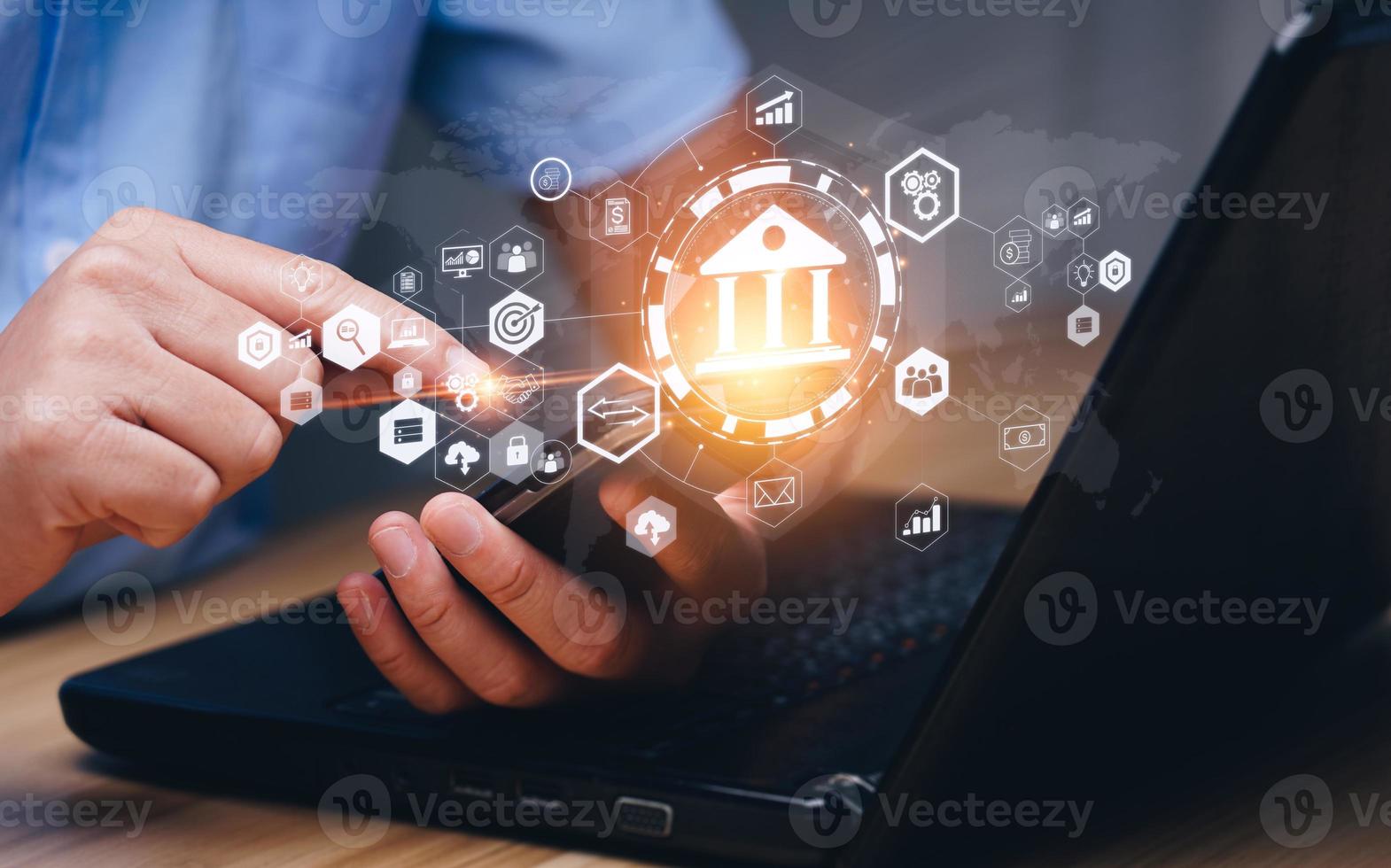 Businessman using online banking on laptop and making payments. Digital marketing.Finance and banking networking.Online shopping and customer network connection icons,Cybersecurity.Business technology photo