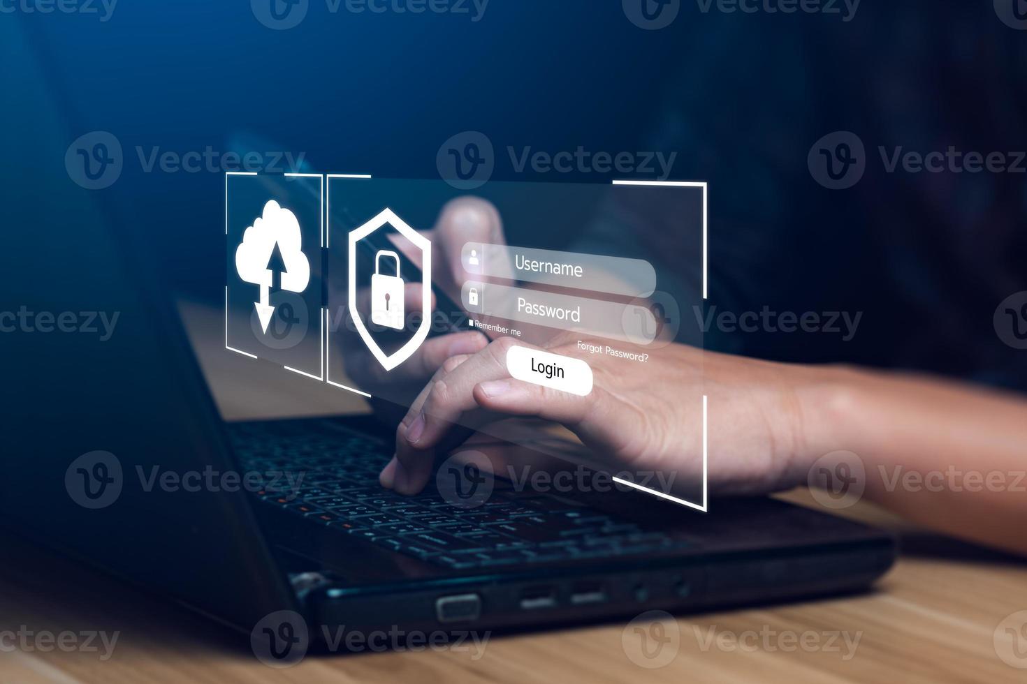 internet security concept and cyber networks. man holding shield icon virtual with lock symbol with network security photo