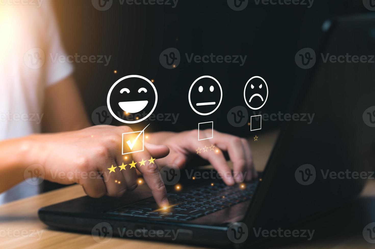 Customer satisfaction concept. Hand with thumb up Positive emotion smiley face icon and five star with copy space. 5 star satisfaction, Excellent business rating experience photo