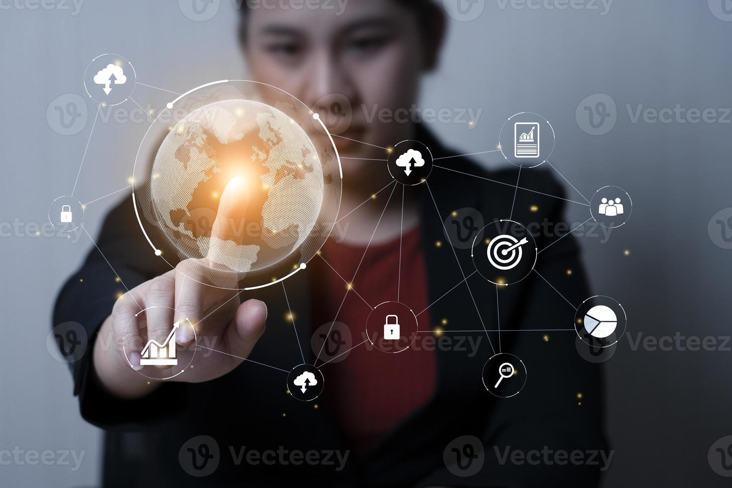 business woman touching world icon global network connection concept Big data analytics and global business. customer service management, cloud computing, Encryption and data protection photo