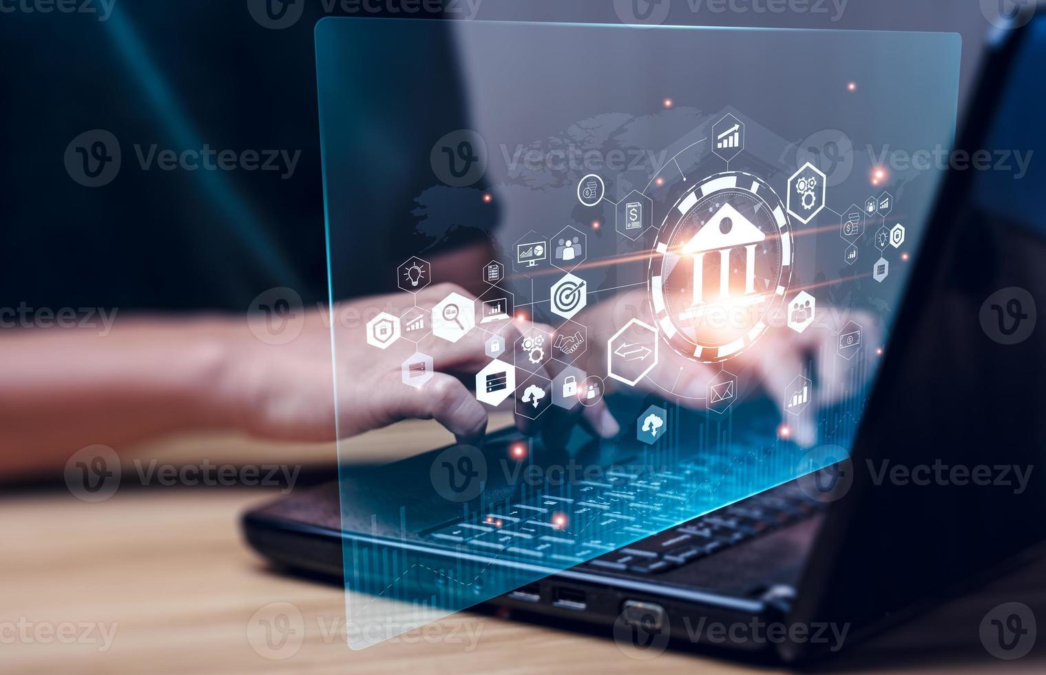 Businessman using online banking on laptop and making payments. Digital marketing.Finance and banking networking.Online shopping and customer network connection icons,Cybersecurity.Business technology photo