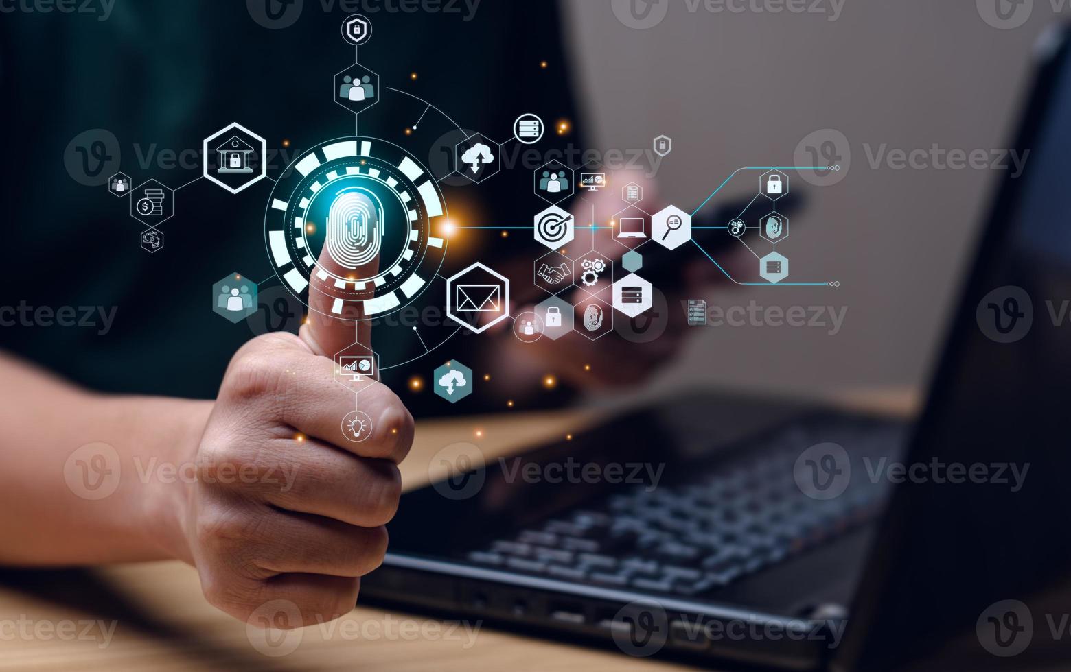 Banking data protection with fingerprint sign-up, cyber security, financial technology. Internet innovation technology against digital cyber crime. big Data businesses.User scans fingerprint to log in photo