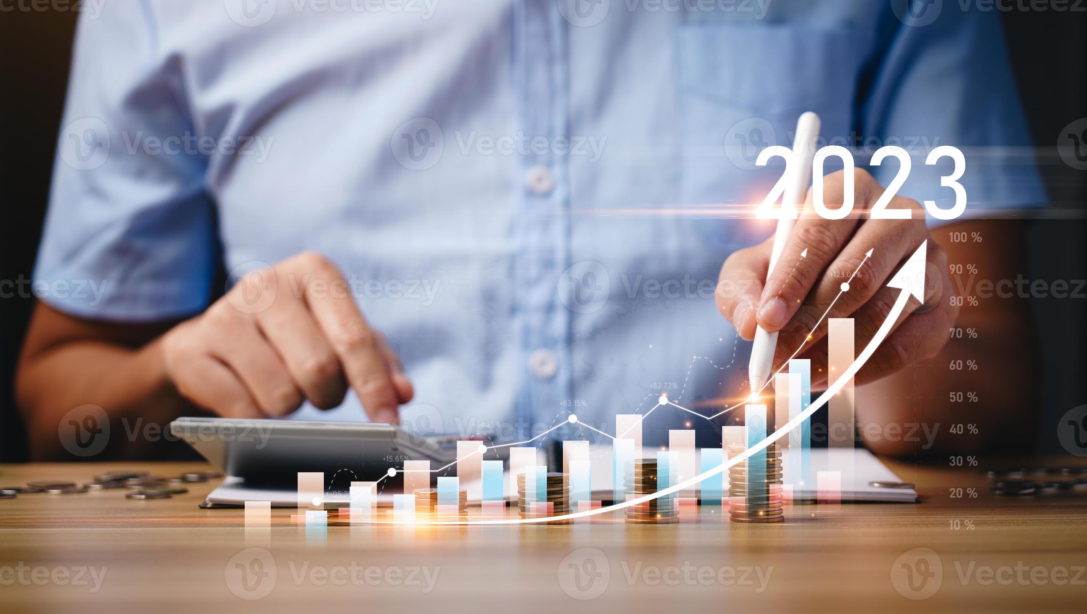 Financial business plan in 2023, businessman calculates and