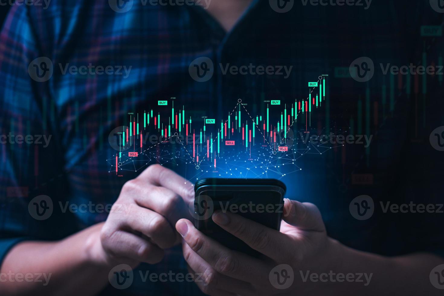 Business man or trader showing a virtual trading chart on a smartphone. planning and strategy, Stock market, Business growth, progress or success concept. financial graph bar candlestick photo
