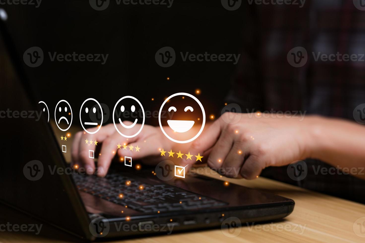 Customer satisfaction concept. Hand with thumb up Positive emotion smiley face icon and five star with copy space. 5 star satisfaction, Excellent business rating experience photo