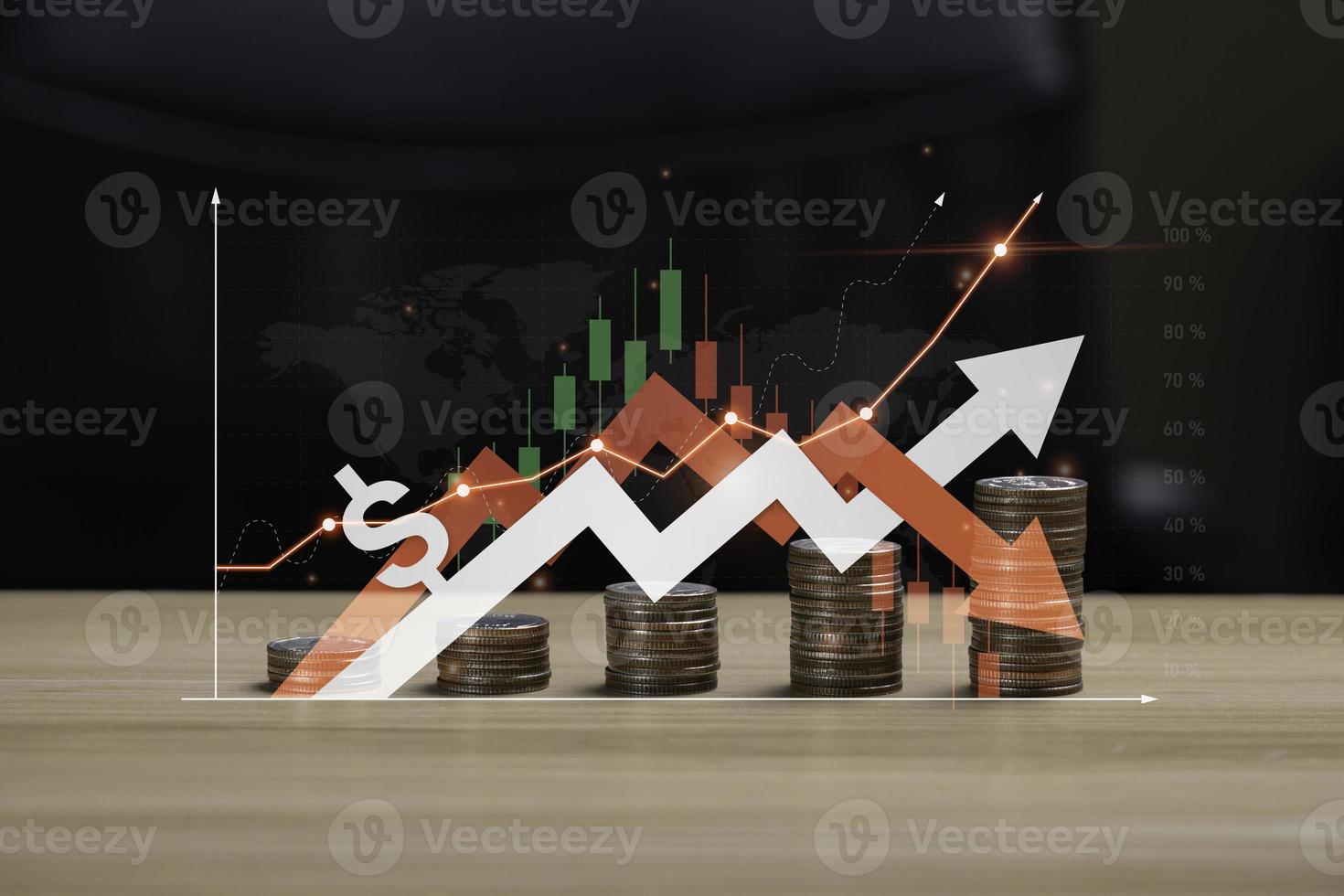 concept of higher price inflation and more expensive food. financial crisis and graphs the inflation rate rising. tax, cash flow. pile of coins rising on the desk photo