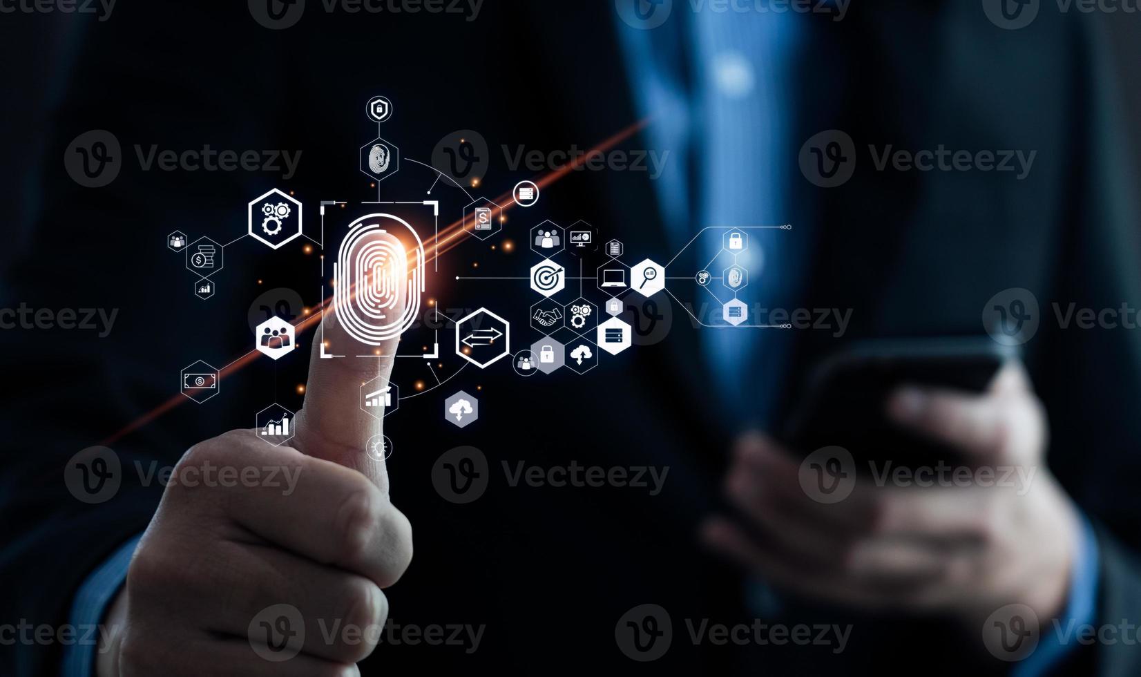 Businessman using fingerprint to access personal financial information, biosecurity. Cybersecurity and hacker protection technology, identity verification photo