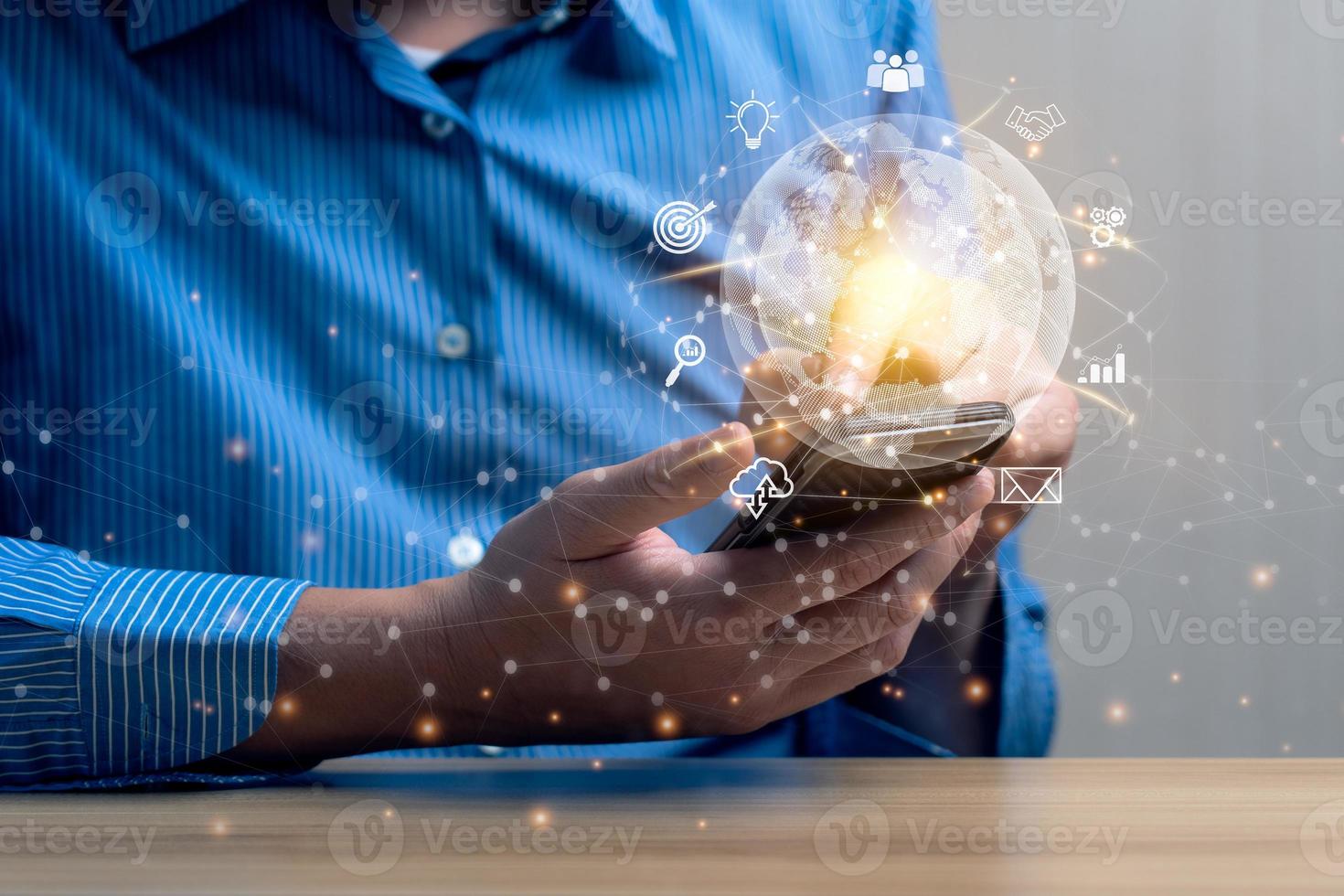 Businessman using smart phone. Global business internet connection application technology and digital marketing. Digital Link Technology Big Data Finance and Banking business concept photo